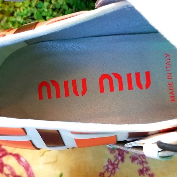 MIU MIU Y2k Orange  Brown Basketweave Italy  Leather Mary Janes Shoes 39 8.5 Euc - Picture 7 of 16